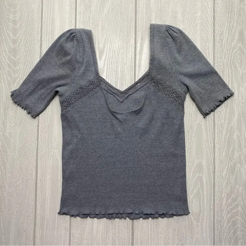 Free People Womens Margaux Charcoal Gray Ribbed Stretchy Pullover Top Size Small